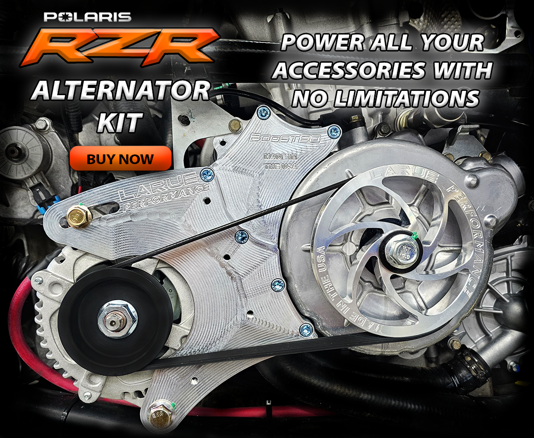 Polaris RZR RS1 Turbo S XPT alternator kit LaRue Performance. Power all off-road UTV SXS accessories; lights, sound stereo systems, electronics etc. Rated at 90amps, 50amps at idle. Made in the USA. Reliable connection. Bolt on billet kit. Stator Battery