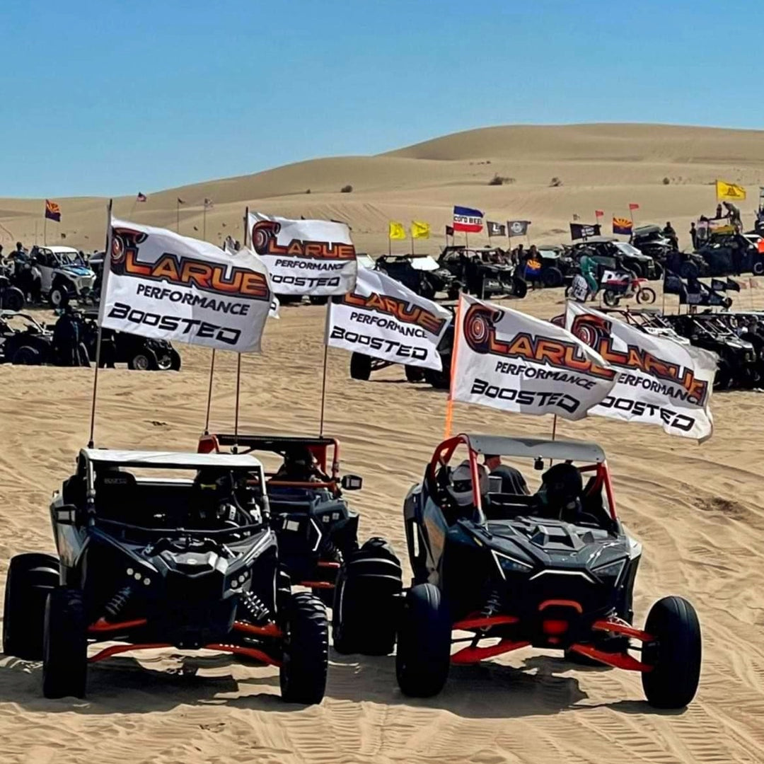 White Boosted LaRue Performance flag. Each flag will instantly add an additional 5 hp to your machine once installed! There are 2 grommets in each flag and they're significantly light so you don't have to worry about them slowing you down! 