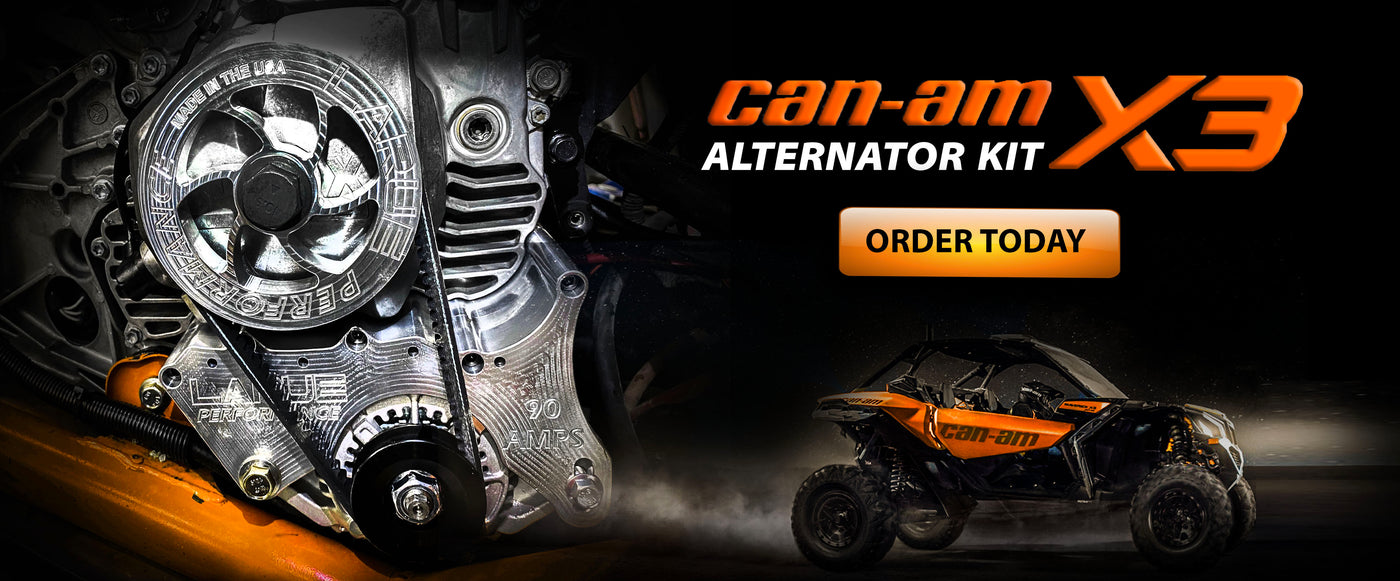 Can-Am X3 Maverick alternator kit LaRue Performance. Power all off-road UTV SXS accessories; lights, sound stereo systems, electronics etc. rated at 90amps puts out 50amps at idle. Made in the USA. Reliable connection. Bolt on billet kit. stator battery