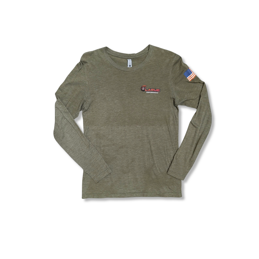 Tri-blend jersey long sleeve t-shirt in black and military green. Crew neck and side seemed. LaRue Performance logo with Boosted on the back bottom of t-shirt and the American flag on left sleeve. A smaller LaRue Performance logo is on the front left of the t-shirt.