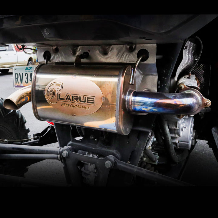 Polaris RZR XPT & Turbo S Full Exhaust System Bolt on system no modifications needed Made for Polaris RZR Turbo S & XP Turbo All stainless steel Adds 5-7 HP to a stock level RZR With the cut-out mid pipe, you have an option to open it to a straight pipe (drag pipe) Designed & Fabricated in-house Made in the USA