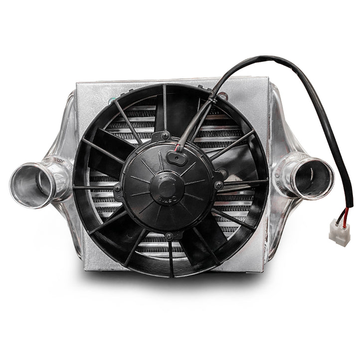 LaRue Performance Can-Am X3 Maverick Aftermarket Intercooler - Billet Ends upgrade option for a higher powered, larger CFM fan for more air flow. Works with factory charge pipe with option to connect to blow off valve and aluminum charge tube.