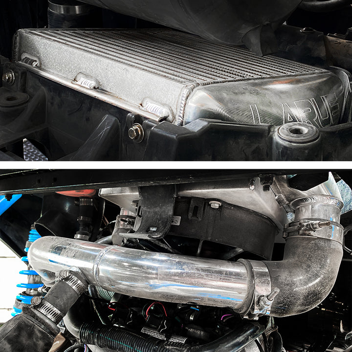 LaRue Performance Can-Am X3 Maverick Aftermarket Intercooler - Billet Ends upgrade option for a higher powered, larger CFM fan for more air flow. Works with factory charge pipe with option to connect to blow off valve and aluminum charge tube.