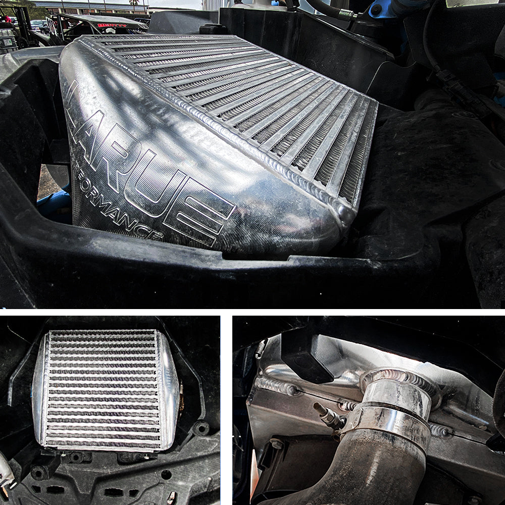 LaRue Performance Can-Am X3 Maverick Aftermarket Intercooler - Billet Ends upgrade option for a higher powered, larger CFM fan for more air flow. Works with factory charge pipe with option to connect to blow off valve and aluminum charge tube.