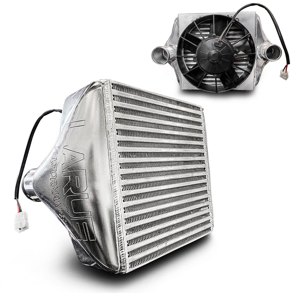 LaRue Performance Can-Am X3 Maverick Aftermarket Intercooler - Billet Ends upgrade option for a higher powered, larger CFM fan for more air flow. Works with factory charge pipe with option to connect to blow off valve and aluminum charge tube.