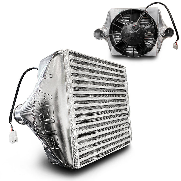 LaRue Performance Can-Am X3 Maverick Aftermarket Intercooler - Billet Ends upgrade option for a higher powered, larger CFM fan for more air flow. Works with factory charge pipe with option to connect to blow off valve and aluminum charge tube.
