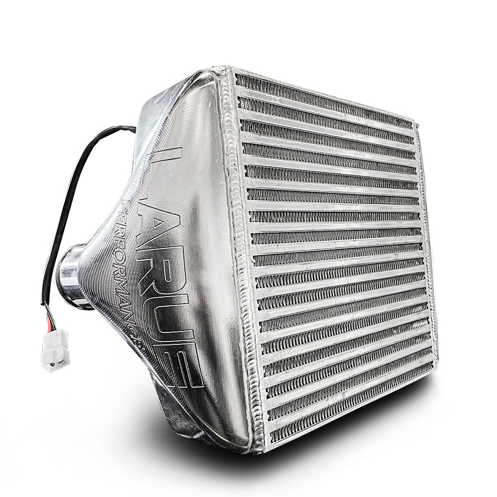 LaRue Performance Can-Am X3 Maverick Aftermarket Intercooler - Billet Ends upgrade option for a higher powered, larger CFM fan for more air flow. Works with factory charge pipe with option to connect to blow off valve and aluminum charge tube.