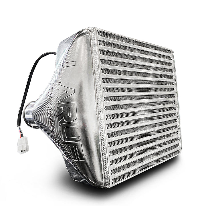 LaRue Performance Can-Am X3 Maverick Aftermarket Intercooler - Billet Ends upgrade option for a higher powered, larger CFM fan for more air flow. Works with factory charge pipe with option to connect to blow off valve and aluminum charge tube.