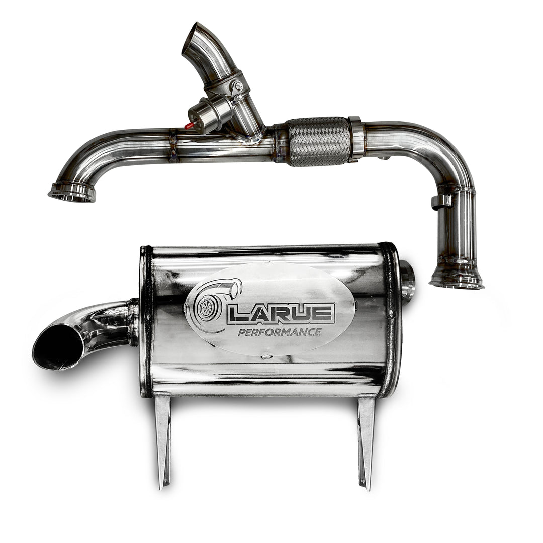LaRue Performance Bolt on system no modifications needed. All stainless steel. Adds 5-7 HP to a stock level Can-Am. With the cut-out mid pipe, you have an option to open it to a straight pipe (drag pipe). Designed & Fabricated in-house. Made in the USA. Can-Am X3 Maverick.