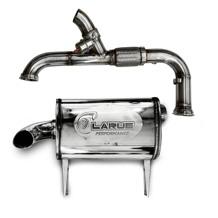 LaRue Performance Bolt on system no modifications needed. All stainless steel. Adds 5-7 HP to a stock level Can-Am. With the cut-out mid pipe, you have an option to open it to a straight pipe (drag pipe). Designed & Fabricated in-house. Made in the USA. Can-Am X3 Maverick.
