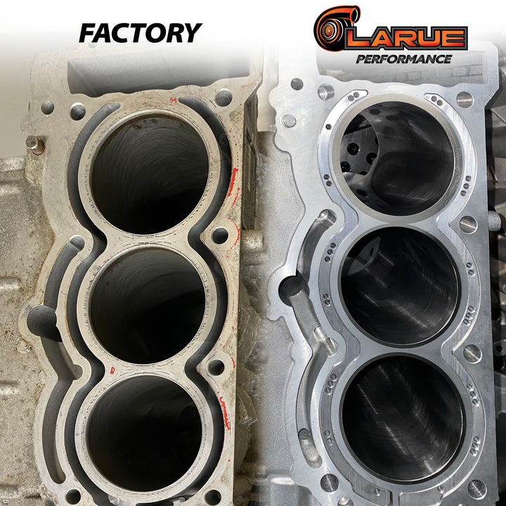 LaRue Performance Can-Am X3 2018 to 2021 aftermarket closed deck cylinder and bigger stud machine work. With increased boost and HP you increase the cylinder pressure. The factory block is a open deck and has no support at the top of the cylinder. Therefore it can expand and move around under the head gasket with no support, resulting in a blown head gasket. With increased boost and HP you increase the cylinder pressure.