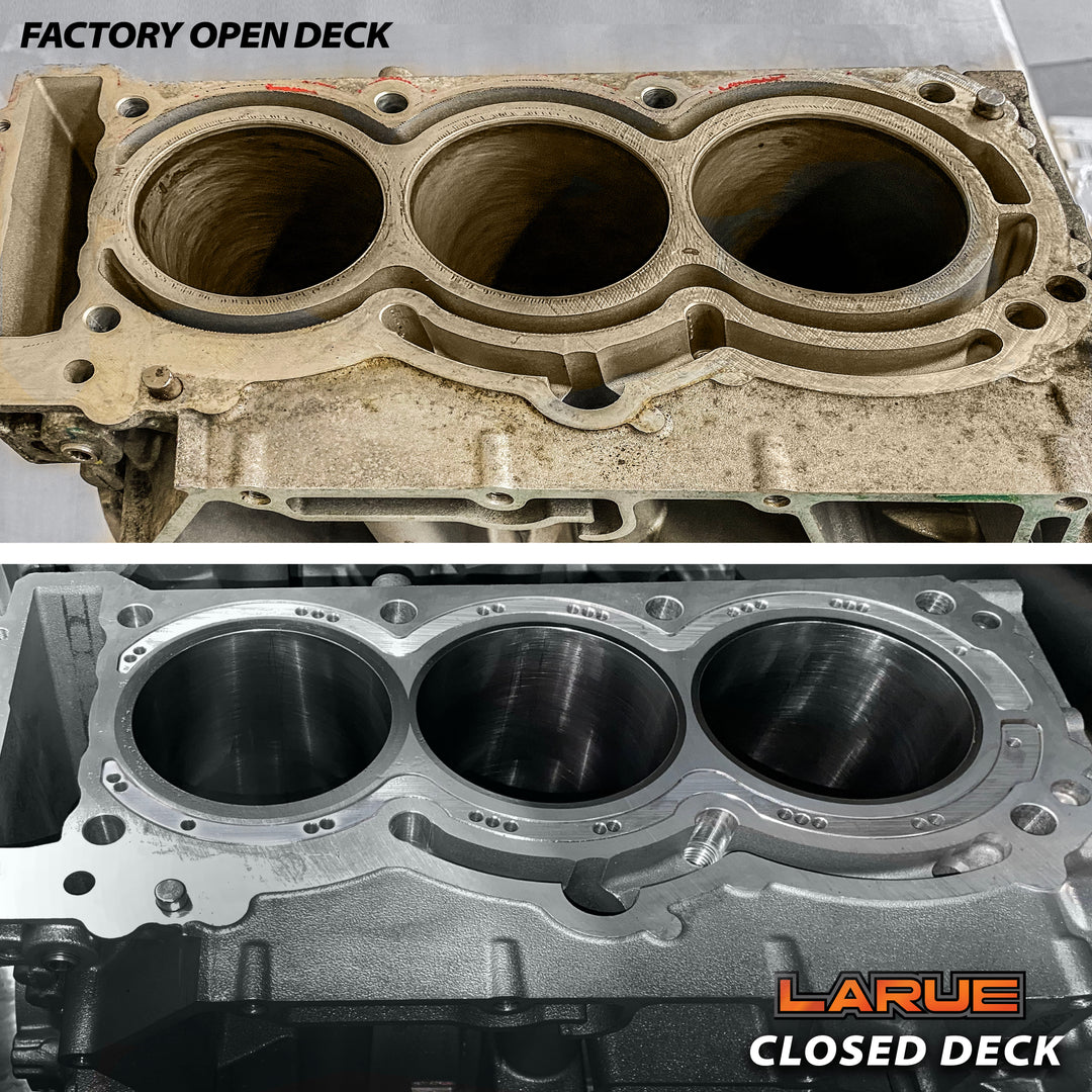 LaRue Performance Can-Am X3 2018 to 2021 aftermarket closed deck cylinder and bigger stud machine work. With increased boost and HP you increase the cylinder pressure. The factory block is a open deck and has no support at the top of the cylinder. Therefore it can expand and move around under the head gasket with no support, resulting in a blown head gasket. With increased boost and HP you increase the cylinder pressure.