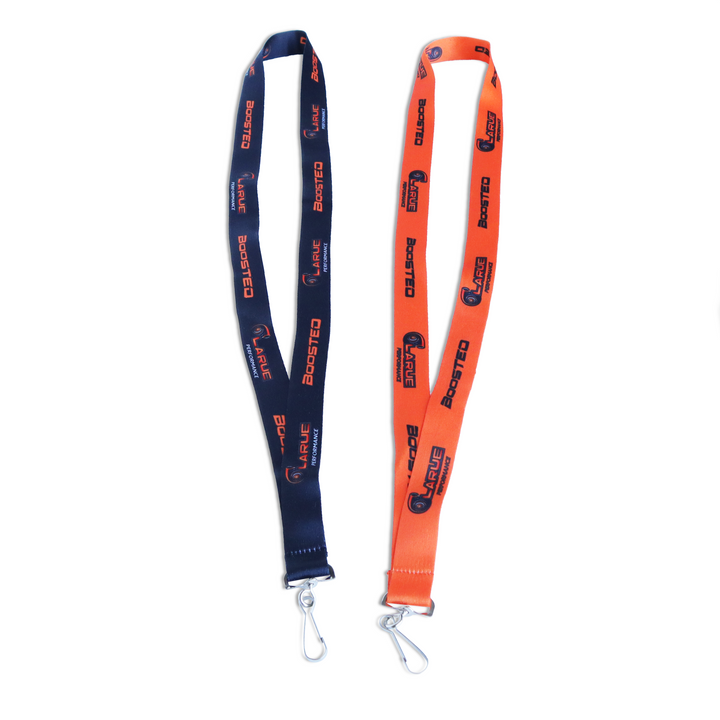 LaRue Performance lanyard for keys in both black and orange.  Silver key holder at bottom of lanyard.