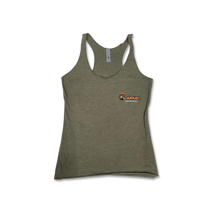 Womens racerback tank top in black, heather white, and military green. Tri-Blend Racerback, side seemed. LaRue Performance logo with Boosted on the back bottom of t-shirt. A smaller LaRue Performance logo is on the front left of the t-shirt.