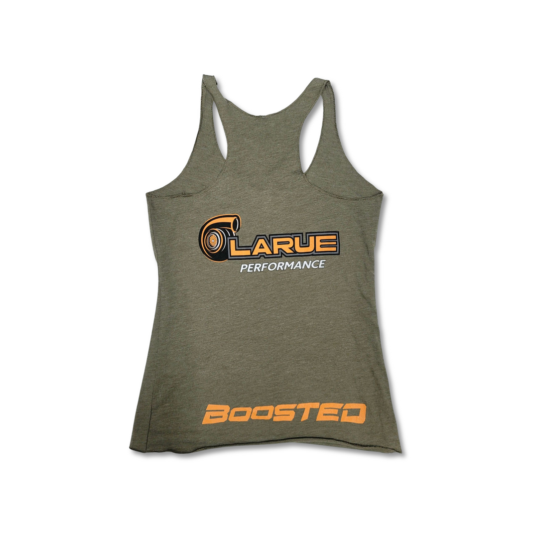 Womens racerback tank top in black, heather white, and military green. Tri-Blend Racerback, side seemed. LaRue Performance logo with Boosted on the back bottom of t-shirt. A smaller LaRue Performance logo is on the front left of the t-shirt.