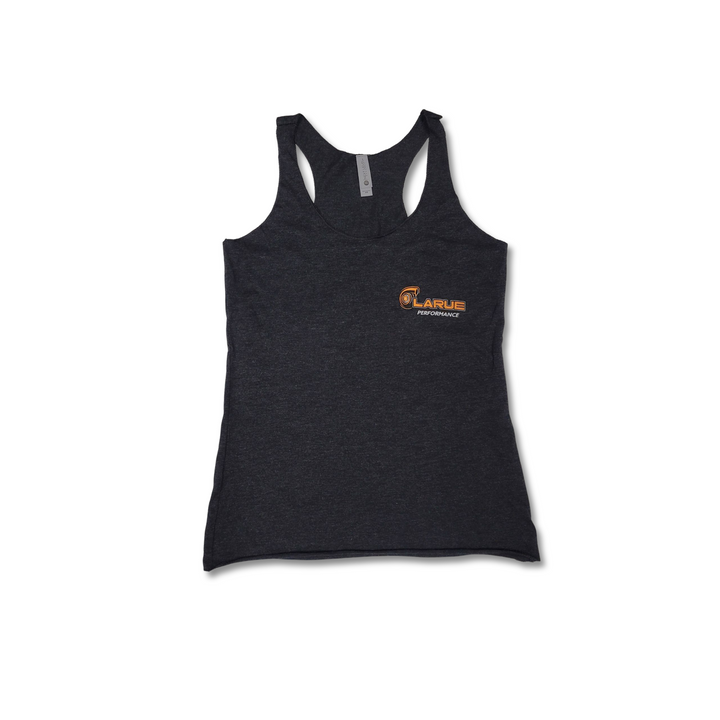 Womens racerback tank top in black, heather white, and military green. Tri-Blend Racerback, side seemed. LaRue Performance logo with Boosted on the back bottom of t-shirt. A smaller LaRue Performance logo is on the front left of the t-shirt.