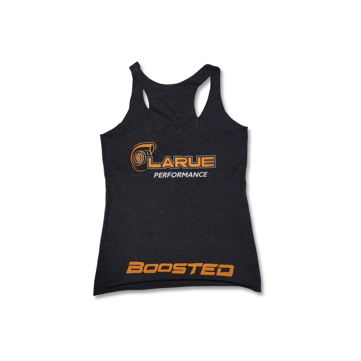 Womens racerback tank top in black, heather white, and military green. Tri-Blend Racerback, side seemed. LaRue Performance logo with Boosted on the back bottom of t-shirt. A smaller LaRue Performance logo is on the front left of the t-shirt.