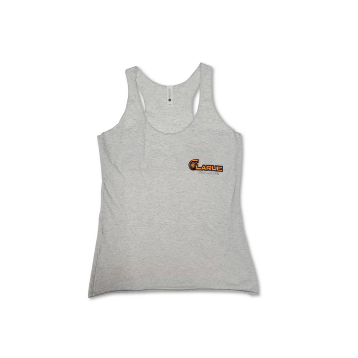 Womens racerback tank top in black, heather white, and military green. Tri-Blend Racerback, side seemed. LaRue Performance logo with Boosted on the back bottom of t-shirt. A smaller LaRue Performance logo is on the front left of the t-shirt.