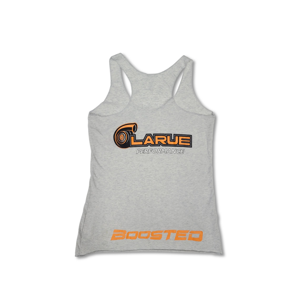 Womens racerback tank top in black, heather white, and military green. Tri-Blend Racerback, side seemed. LaRue Performance logo with Boosted on the back bottom of t-shirt. A smaller LaRue Performance logo is on the front left of the t-shirt.