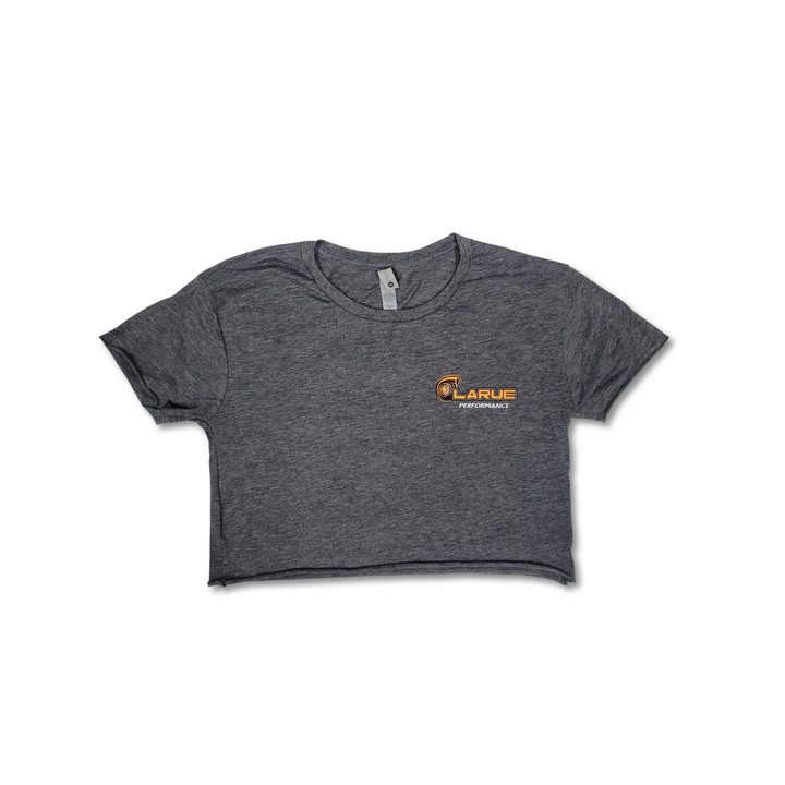 Womens crop top t-shirt in black and military green. Crew neck and side seemed. LaRue Performance logo with Boosted on the back bottom of t-shirt and the American flag on left sleeve. A smaller LaRue Performance logo is on the front left of the t-shirt.