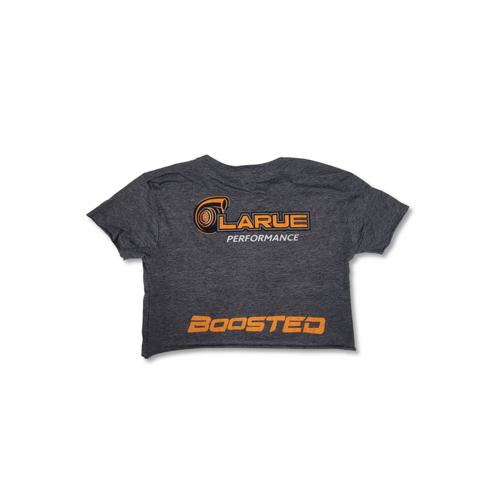 Womens crop top t-shirt in black and military green. Crew neck and side seemed. LaRue Performance logo with Boosted on the back bottom of t-shirt and the American flag on left sleeve. A smaller LaRue Performance logo is on the front left of the t-shirt.