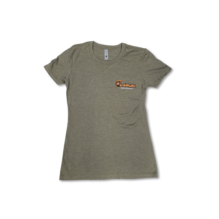 Womens Tri-blend jersey t-shirt in black and military green. Crew neck and side seemed. LaRue Performance logo with Boosted on the back bottom of t-shirt and the American flag on left sleeve. A smaller LaRue Performance logo is on the front left of the t-shirt.