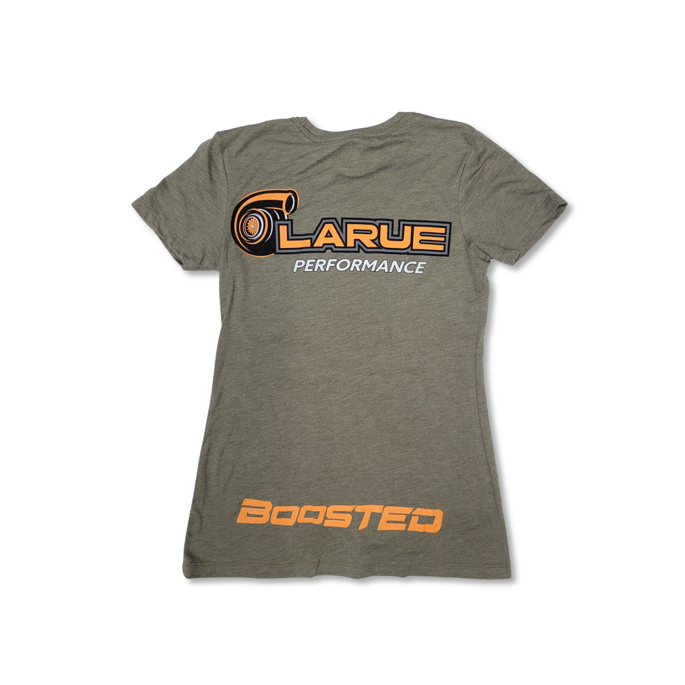 Womens Tri-blend jersey t-shirt in black and military green. Crew neck and side seemed. LaRue Performance logo with Boosted on the back bottom of t-shirt and the American flag on left sleeve. A smaller LaRue Performance logo is on the front left of the t-shirt.