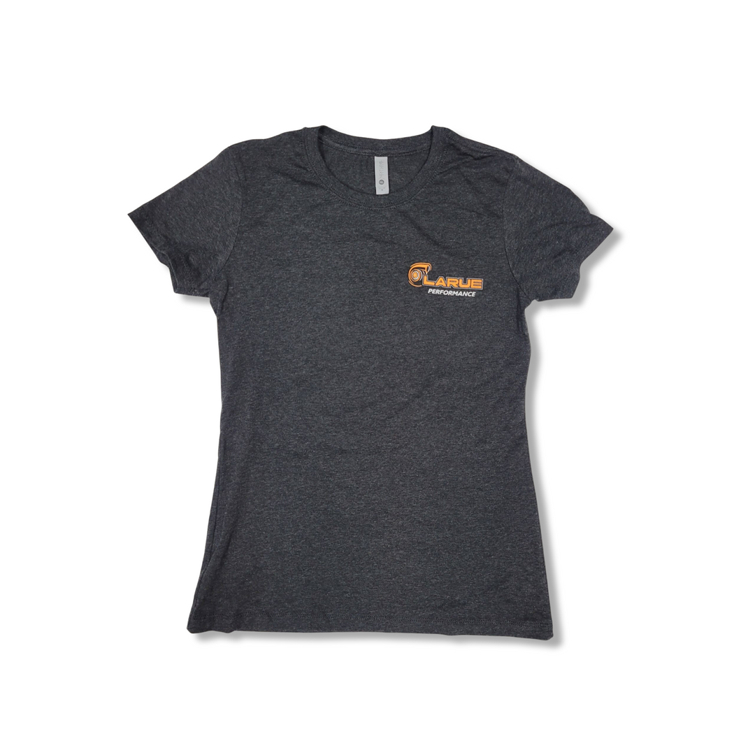 Womens Tri-blend jersey t-shirt in black and military green. Crew neck and side seemed. LaRue Performance logo with Boosted on the back bottom of t-shirt and the American flag on left sleeve. A smaller LaRue Performance logo is on the front left of the t-shirt.