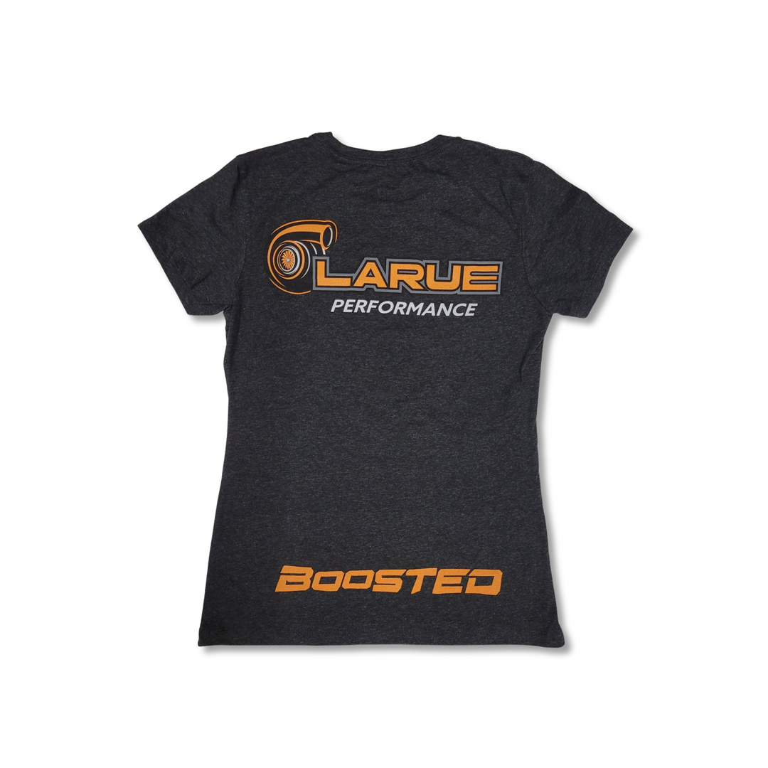 Womens Tri-blend jersey t-shirt in black and military green. Crew neck and side seemed. LaRue Performance logo with Boosted on the back bottom of t-shirt and the American flag on left sleeve. A smaller LaRue Performance logo is on the front left of the t-shirt.