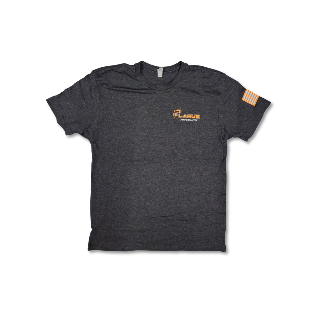 Tri-blend jersey t-shirt in black and military green. Crew neck and side seemed. LaRue Performance logo with Boosted on the back bottom of t-shirt and the American flag on left sleeve. A smaller LaRue Performance logo is on the front left of the t-shirt.