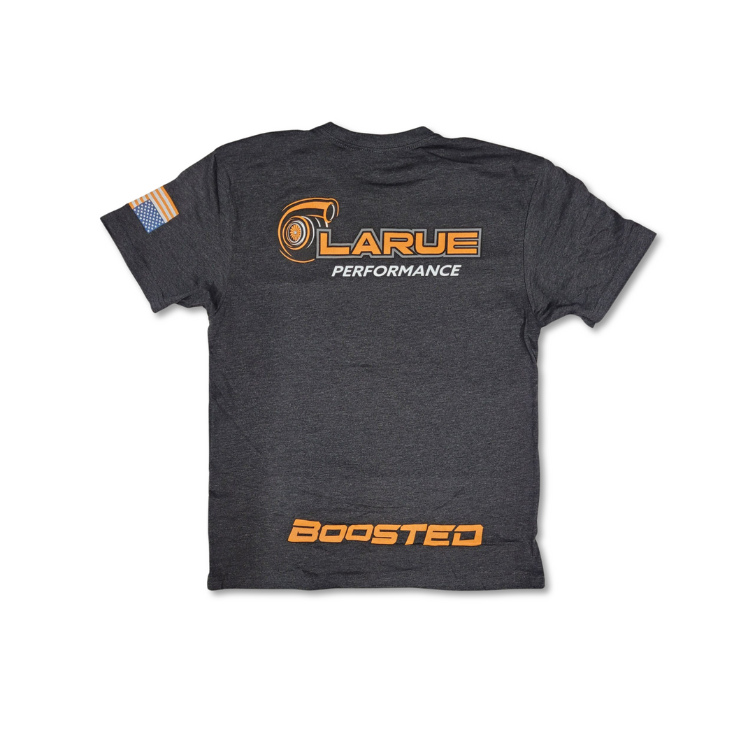 Tri-blend jersey t-shirt in black and military green. Crew neck and side seemed. LaRue Performance logo with Boosted on the back bottom of t-shirt and the American flag on left sleeve. A smaller LaRue Performance logo is on the front left of the t-shirt.