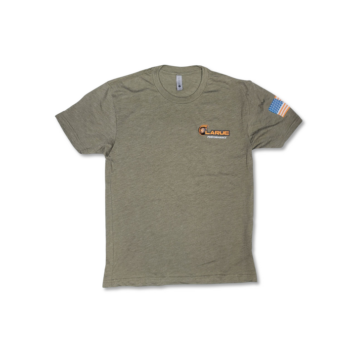 Tri-blend jersey t-shirt in black and military green. Crew neck and side seemed. LaRue Performance logo with Boosted on the back bottom of t-shirt and the American flag on left sleeve. A smaller LaRue Performance logo is on the front left of the t-shirt.
