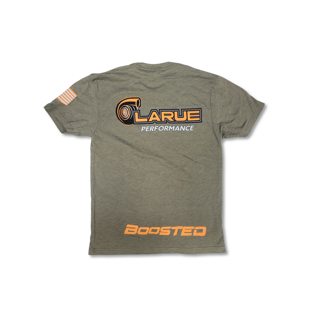 Tri-blend jersey t-shirt in black and military green. Crew neck and side seemed. LaRue Performance logo with Boosted on the back bottom of t-shirt and the American flag on left sleeve. A smaller LaRue Performance logo is on the front left of the t-shirt.