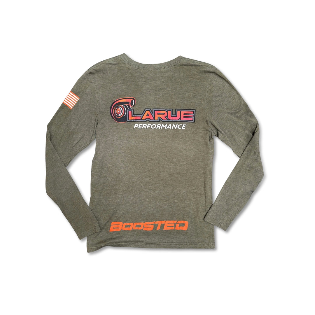 Tri-blend jersey long sleeve t-shirt in black and military green. Crew neck and side seemed. LaRue Performance logo with Boosted on the back bottom of t-shirt and the American flag on left sleeve. A smaller LaRue Performance logo is on the front left of the t-shirt.