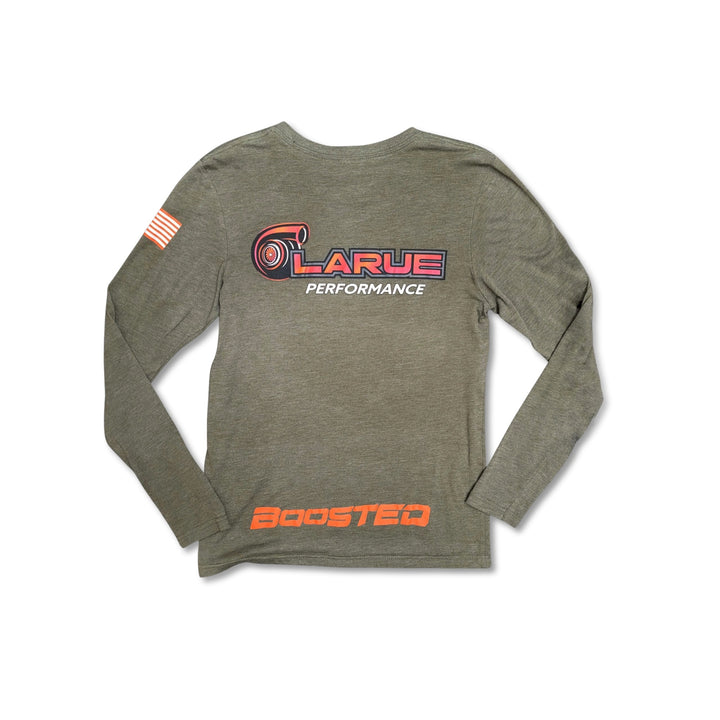 Tri-blend jersey long sleeve t-shirt in black and military green. Crew neck and side seemed. LaRue Performance logo with Boosted on the back bottom of t-shirt and the American flag on left sleeve. A smaller LaRue Performance logo is on the front left of the t-shirt.