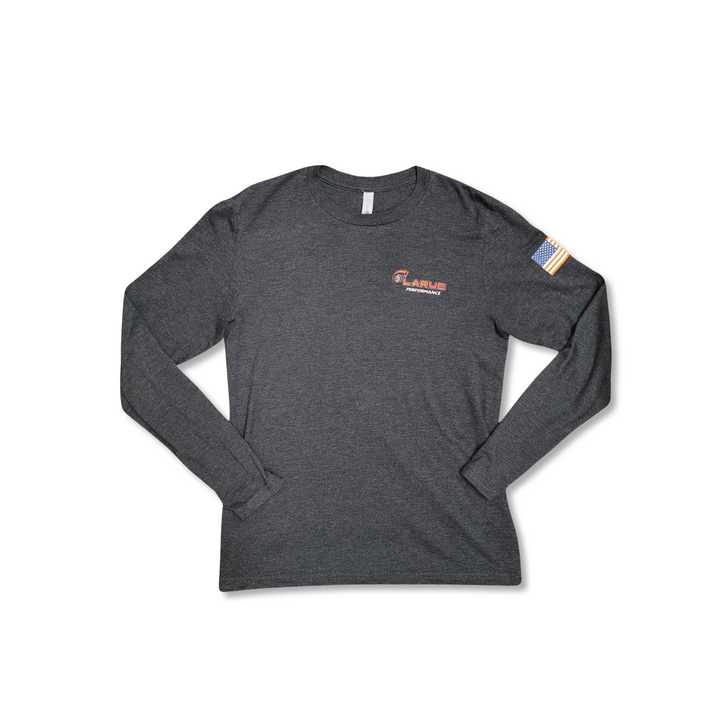Tri-blend jersey long sleeve t-shirt in black and military green. Crew neck and side seemed. LaRue Performance logo with Boosted on the back bottom of t-shirt and the American flag on left sleeve. A smaller LaRue Performance logo is on the front left of the t-shirt.