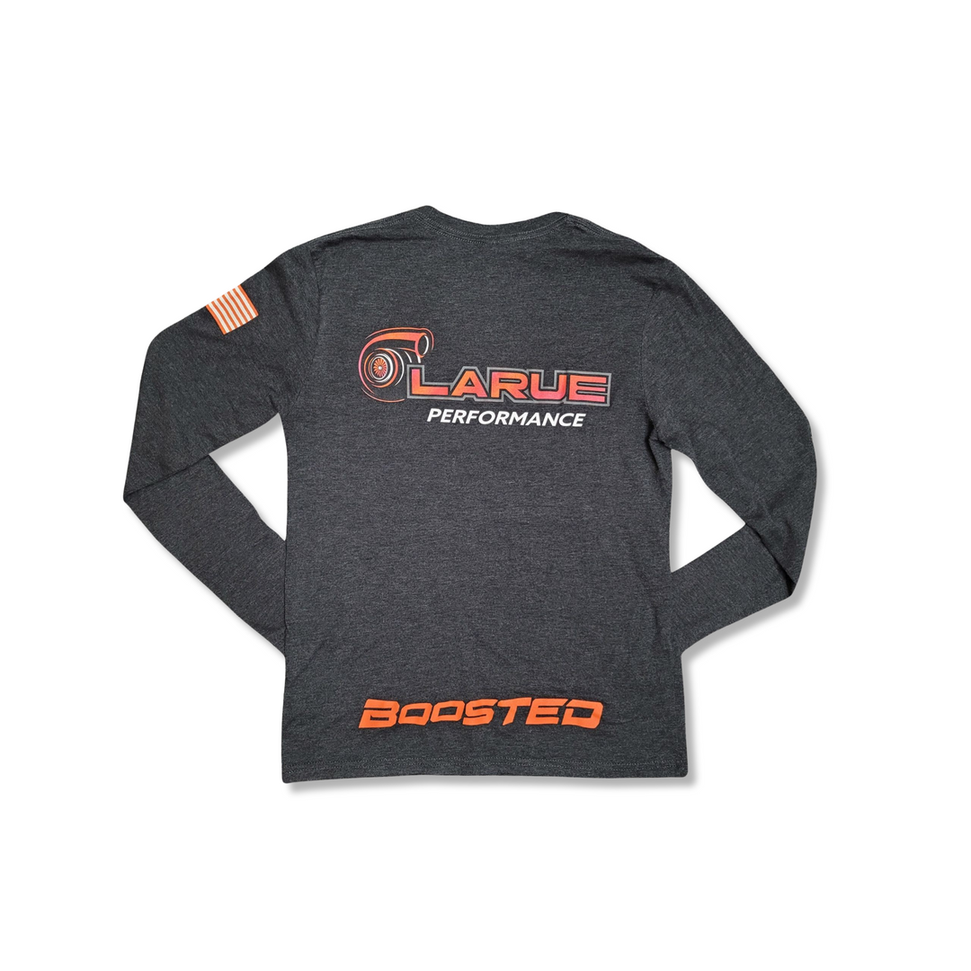Tri-blend jersey long sleeve t-shirt in black and military green. Crew neck and side seemed. LaRue Performance logo with Boosted on the back bottom of t-shirt and the American flag on left sleeve. A smaller LaRue Performance logo is on the front left of the t-shirt.