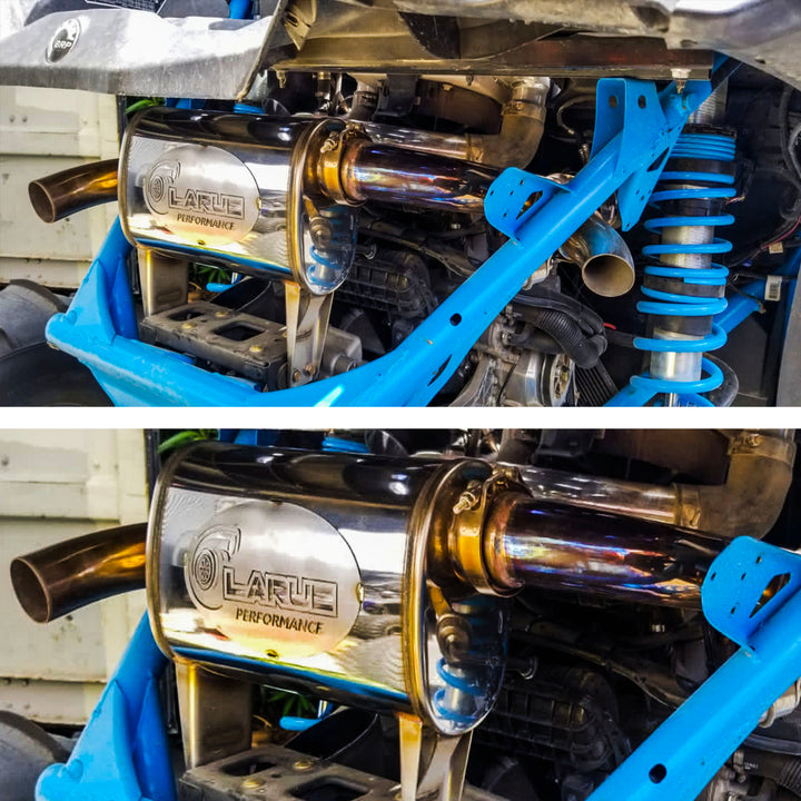LaRue Performance aftermarket bolt on exhaust system no modifications needed. All stainless steel. Adds 5-7 HP to a stock level Can-Am. With the cut-out mid pipe, you have an option to open it to a straight pipe (drag pipe). Designed & Fabricated in-house. Made in the USA. Can-Am X3 Maverick.