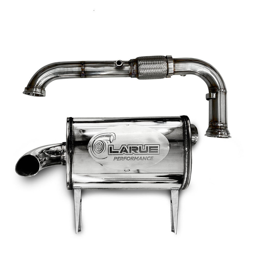 LaRue Performance aftermarket bolt on exhaust system no modifications needed. All stainless steel. Adds 5-7 HP to a stock level Can-Am. With the cut-out mid pipe, you have an option to open it to a straight pipe (drag pipe). Designed & Fabricated in-house. Made in the USA. Can-Am X3 Maverick.